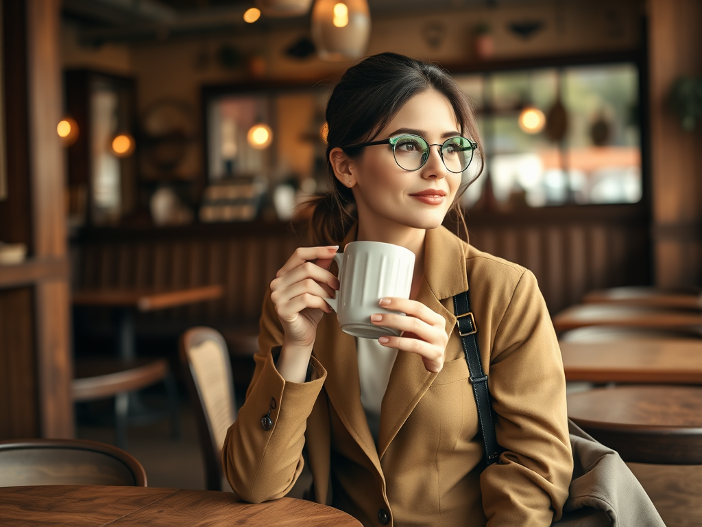 Une femme portant des lunettes tient une tasse dans un café, son regard songeur tourné vers la fenêtre.