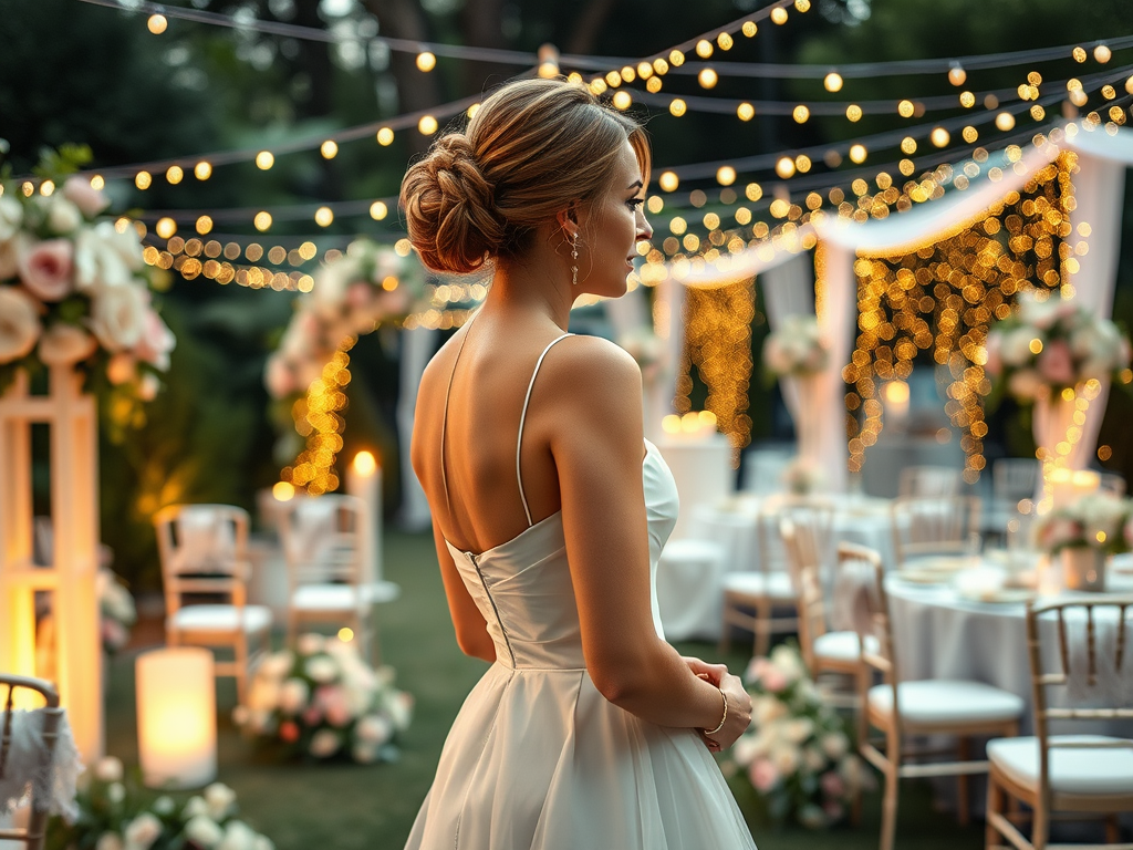 Une femme en robe de mariée se tient dos à la caméra dans un cadre romantique avec des lumières scintillantes.