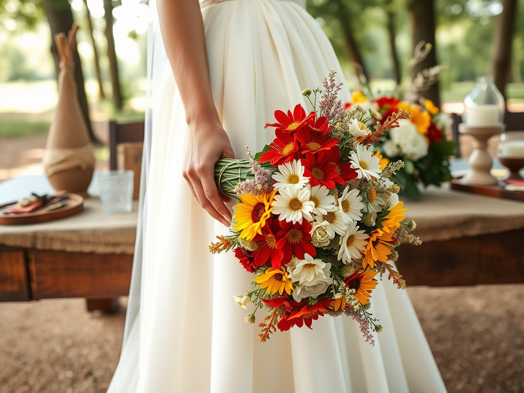 Un bouquet coloré de fleurs fraîches, porté par une femme en robe blanche, devant une table décorée.