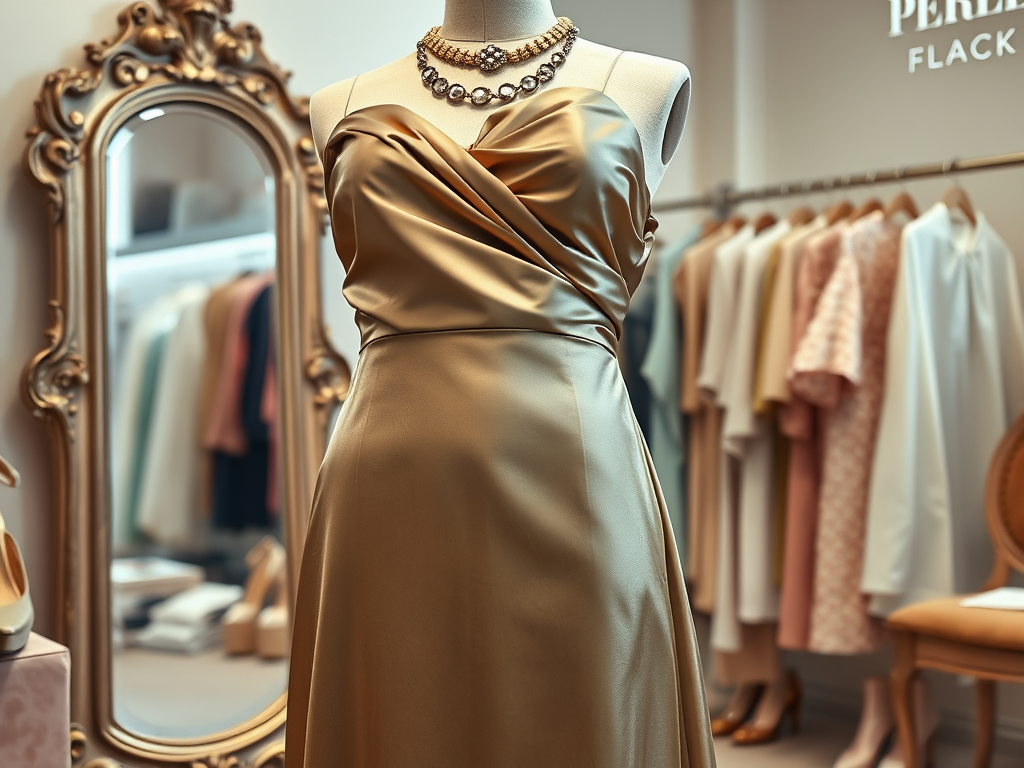 Robe en satin doré avec un décolleté en V, exposée devant un miroir dans une boutique élégante.