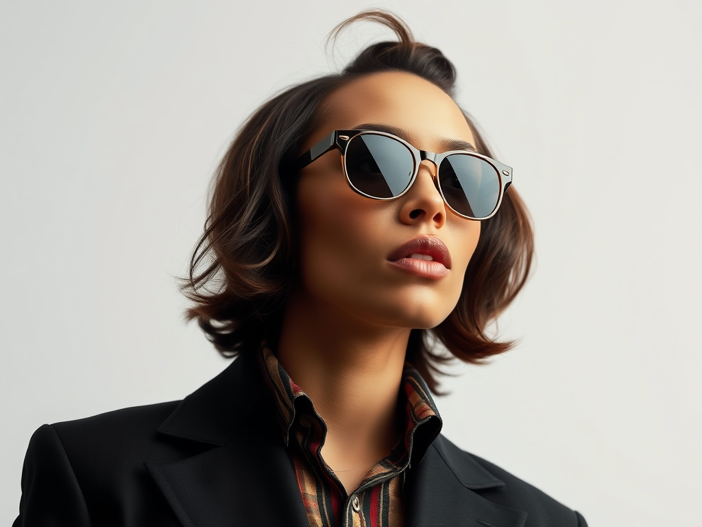 Une femme au regard confiant porte des lunettes de soleil et un blazer, avec des cheveux ondulés chic.