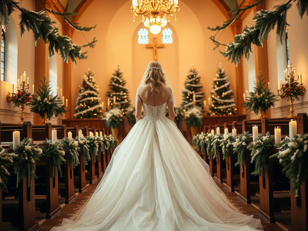 Une mariée en robe blanche se tient dans une église décorée pour Noël, entourée de bougies et de sapins.