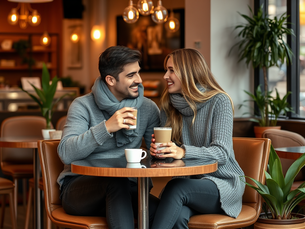 Un couple souriant dans un café, partageant un moment chaleureux autour de tasse de café, avec un décor accueillant.