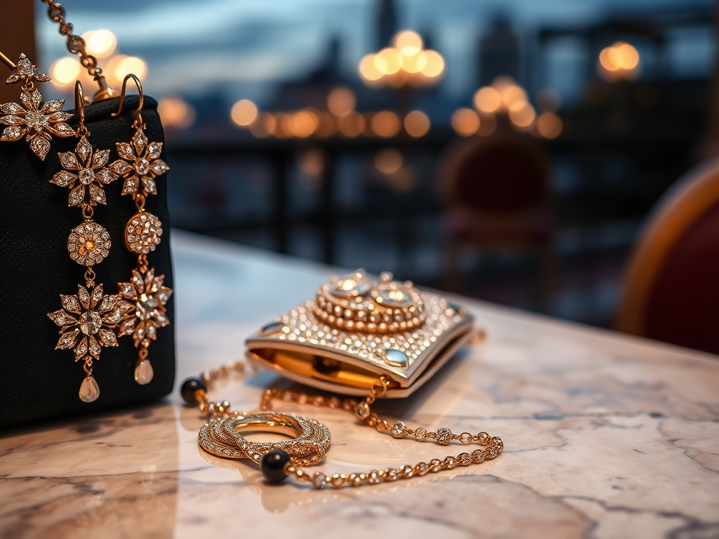 Bijoux étincelants et un petit sac noir reposent sur une table, avec des lumières floues en arrière-plan.