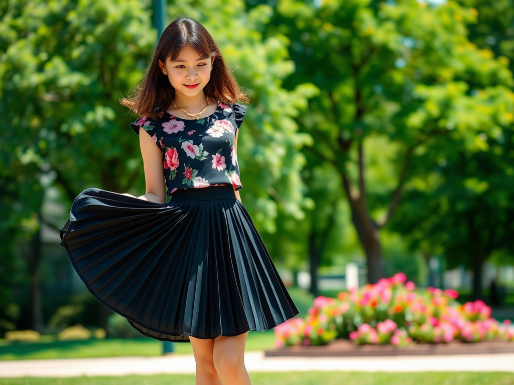 Fille souriante en robe à fleurs et jupe plissée, dans un parc avec des arbres et des fleurs colorées en arrière-plan.