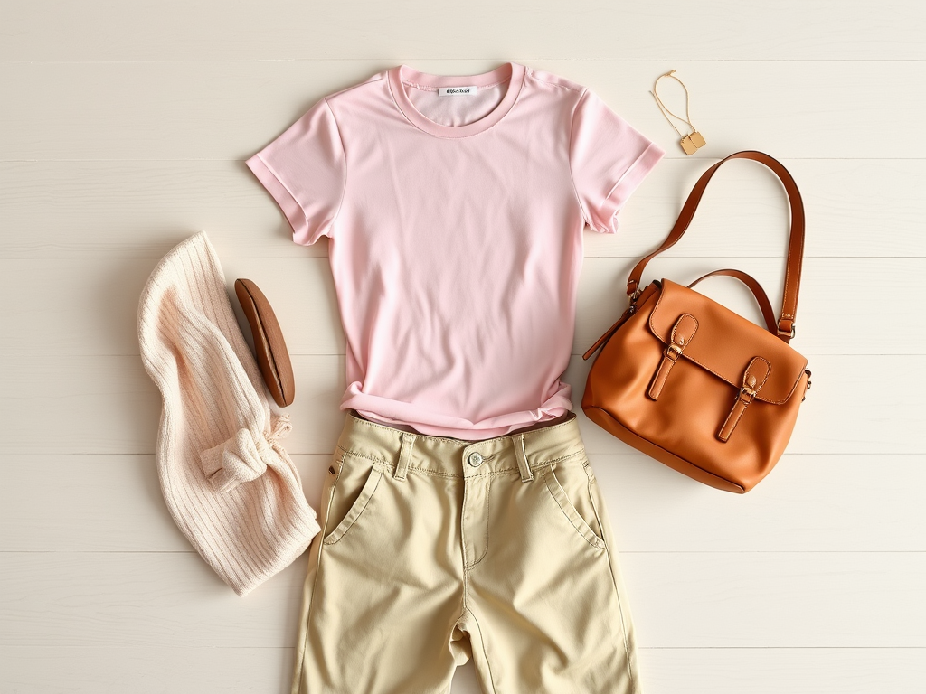 Vêtements disposés : un t-shirt rose, un pantalon beige, un sac à main orange et un bandeau beige.