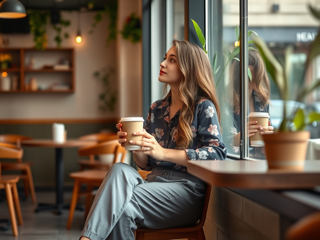 Une femme assise dans un café, tenant un café à emporter, regarde par la fenêtre avec un sourire contemplatif.