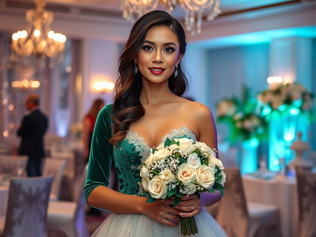 Une jeune femme souriante porte un bouquet de roses blanches dans une salle décorée élégamment.