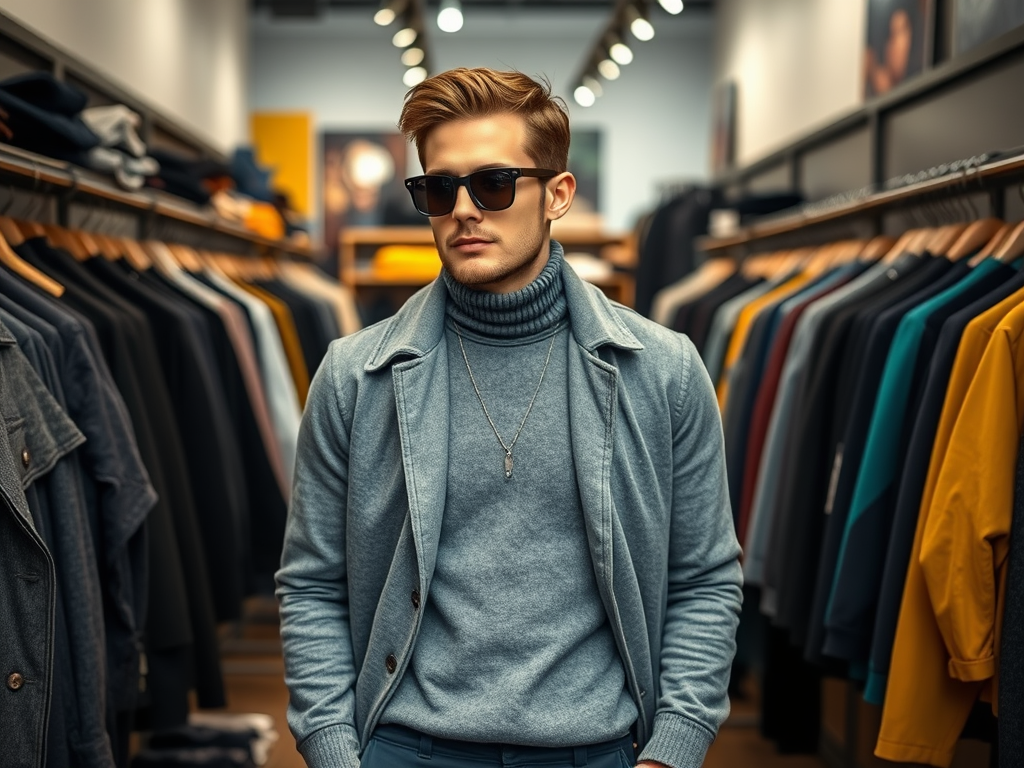 Un homme élégant dans un magasin de vêtements, portant un pull à col roulé et des lunettes de soleil.