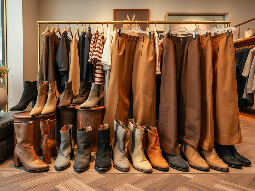 Une sélection de bottes et de pantalons en exposition dans un magasin élégant, avec des couleurs neutres et tendance.