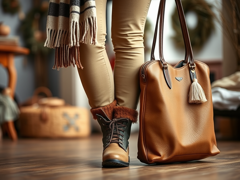 Une personne portant des bottes et un sac en cuir marron, avec un foulard, dans un décor intérieur chaleureux.