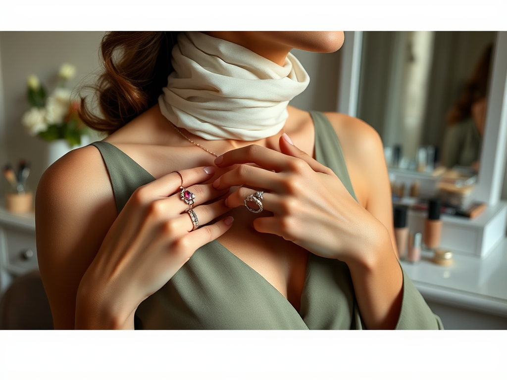 Une femme porte des bijoux scintillants, avec un foulard léger, dans un cadre élégant et soigné.