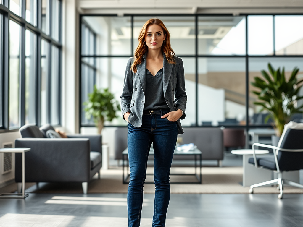 Une femme en blazer gris se tient debout dans un bureau moderne avec de grandes fenêtres, portant un look confiant.