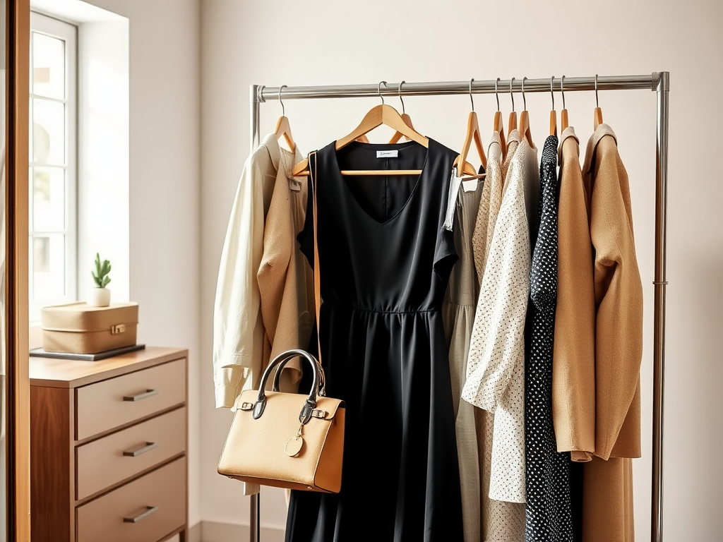 Une penderie avec une robe noire, des vêtements variés et un sac à main beige sur un fond lumineux.