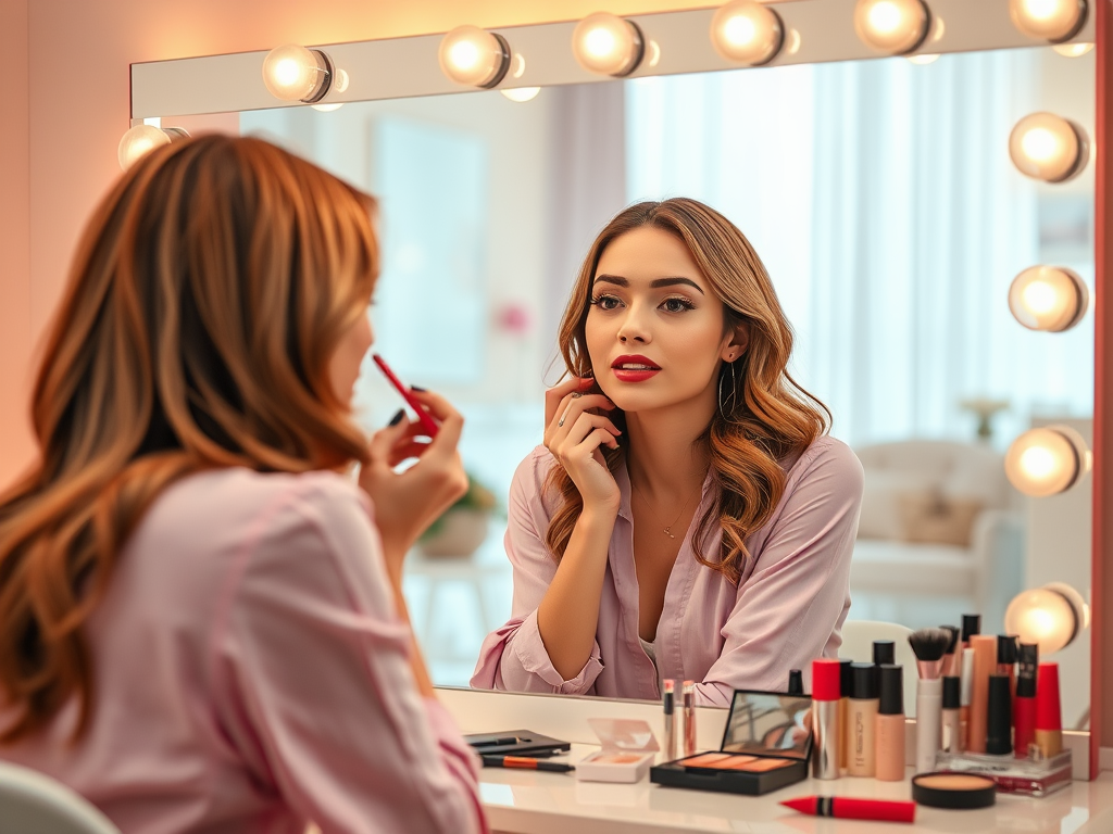 Une femme avec des cheveux ondulés se maquille devant un miroir lumineux avec divers produits de beauté autour d'elle.