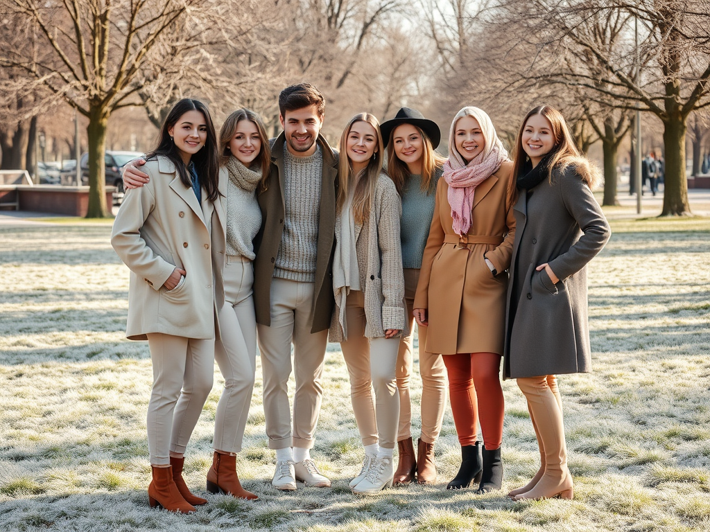 Un groupe de jeunes adultes souriants en vêtements d'hiver pose ensemble dans un parc, entourés d'arbres.