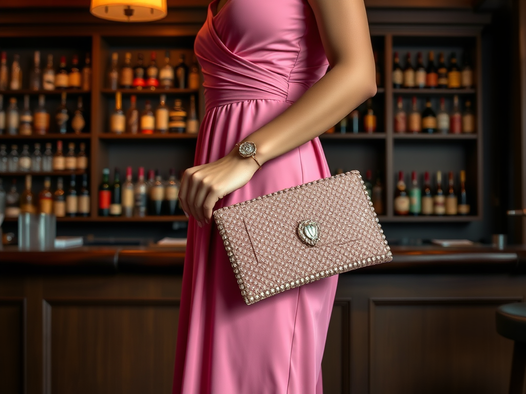 Une femme en robe rose tient un sac à main élégant, devant un bar rempli de bouteilles.