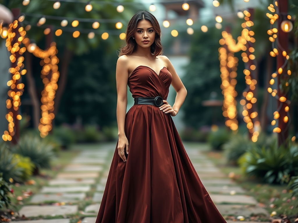 Une femme vêtue d'une robe marron se tient dans un jardin illuminé par des lumières douces.