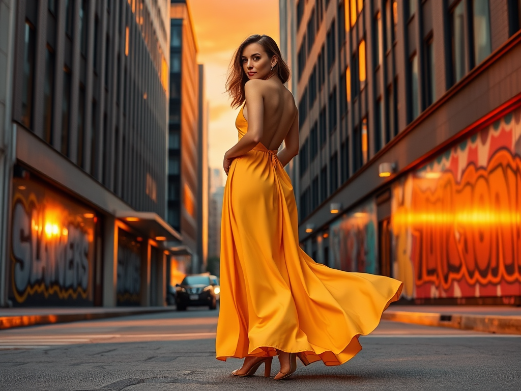 Une femme en robe jaune se tient dans une rue urbaine, au coucher du soleil, avec des bâtiments modernes en arrière-plan.