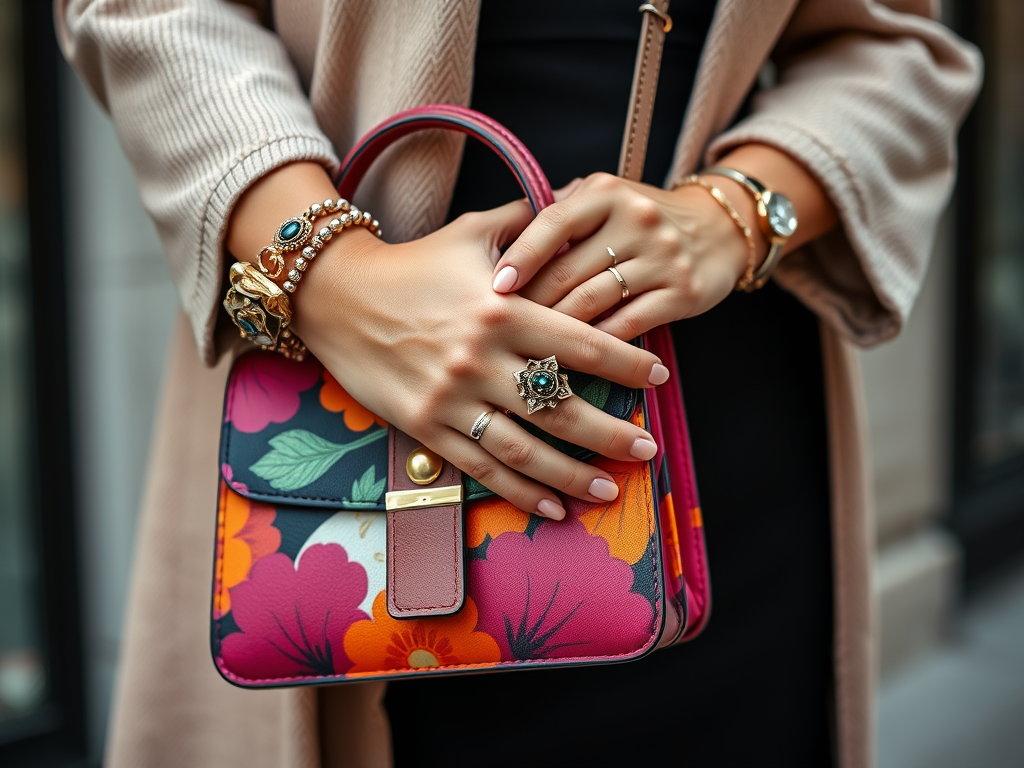 Une femme tient un sac à main coloré, ornée de bagues et de bracelets élégants, devant un fond urbain.